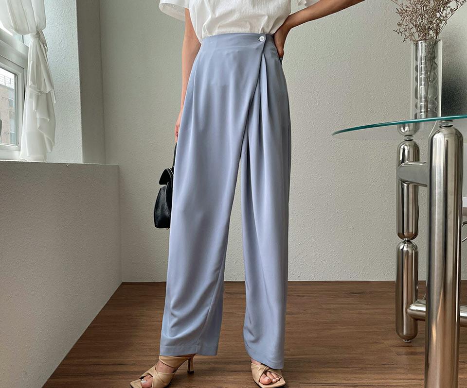 ボタンラップワイドパンツ・全2色・t65178 レディース 【pt】 韓国 ファッション ボトムス ロング ロングパンツ 美脚 ルーズ ゆったり ハイウエスト 足長 ワイド ストレート 大人 スリム 10分丈 体型カーバー 細身 夏 春