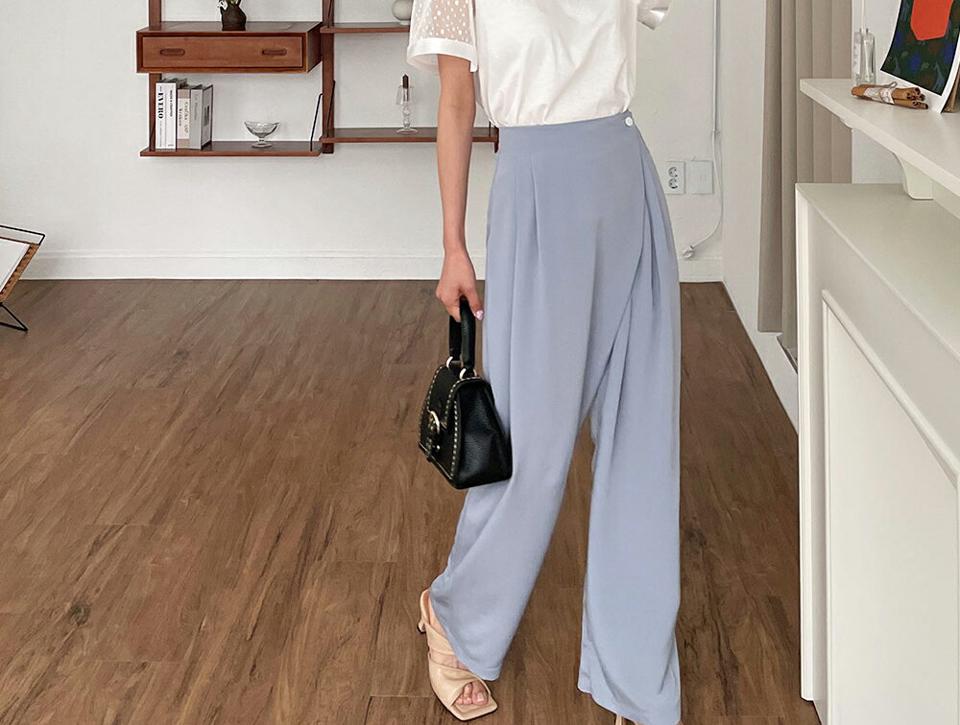 ボタンラップワイドパンツ・全2色・t65178 レディース 【pt】 韓国 ファッション ボトムス ロング ロングパンツ 美脚 ルーズ ゆったり ハイウエスト 足長 ワイド ストレート 大人 スリム 10分丈 体型カーバー 細身 夏 春