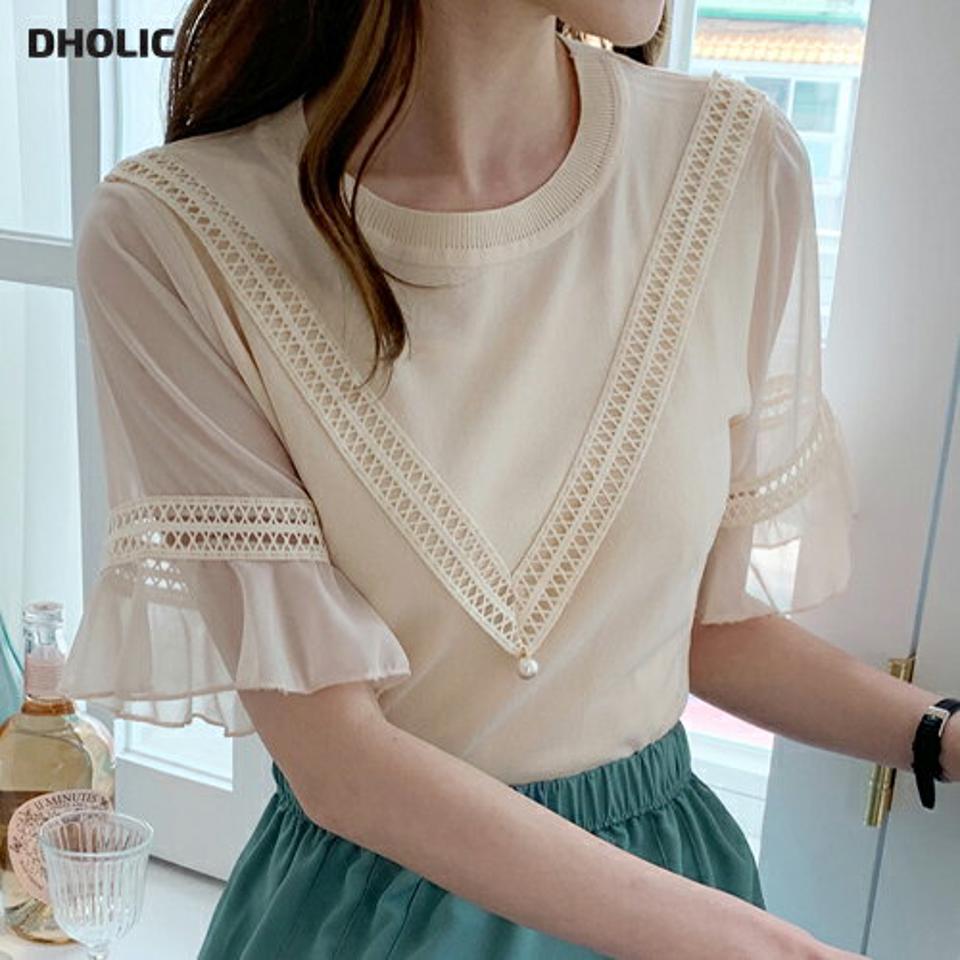 【只今10%OFF】シフォンスリーブフェイクパールニット・全2色・b68392 レディース 【tops】【トップス ニット 半袖 ハーフスリーブ 透け感 シアー シースルー シフォン パール フェミニン 可愛い かわいい 春 夏】【ハイホリHIHOLLI】