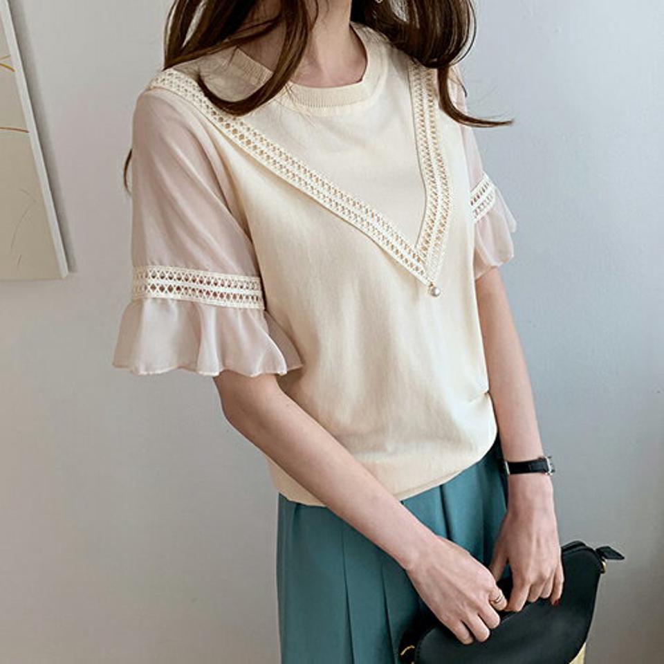 【只今10%OFF】シフォンスリーブフェイクパールニット・全2色・b68392 レディース 【tops】【トップス ニット 半袖 ハーフスリーブ 透け感 シアー シースルー シフォン パール フェミニン 可愛い かわいい 春 夏】【ハイホリHIHOLLI】