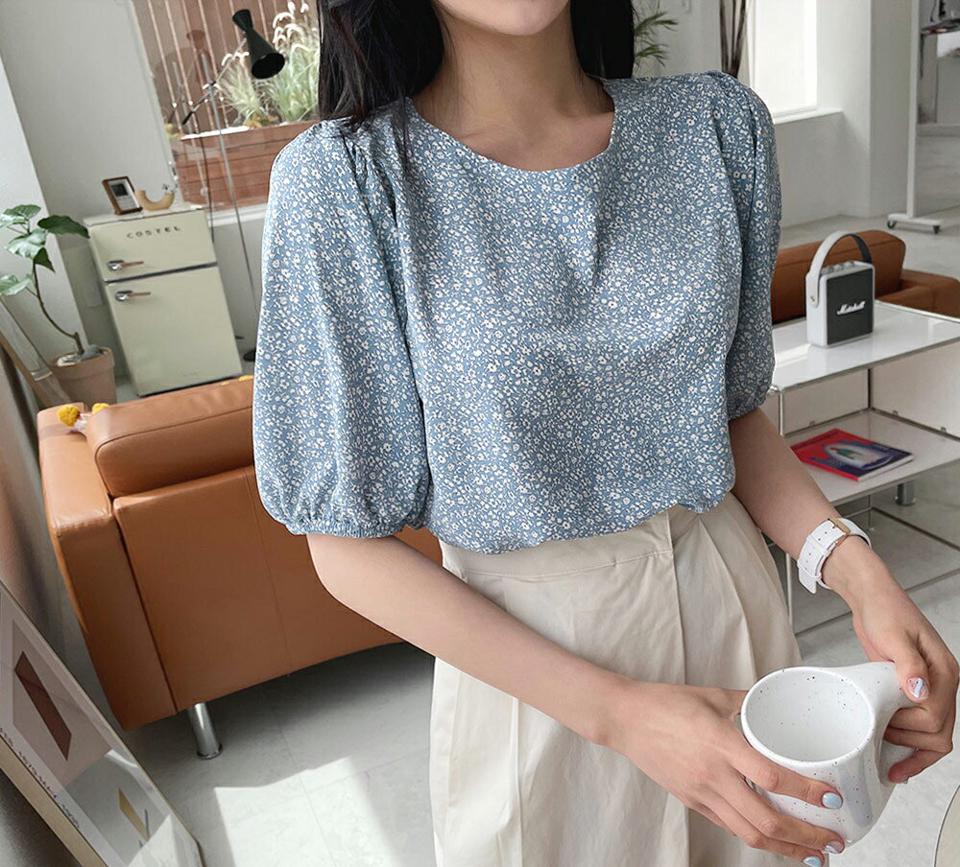 ラウンド小花柄ブラウス・全3色・t64172 レディース 【bl】【韓国 ファッション トップス ブラウス 半袖 ラウンドネック ゴム ボリューム ハーフスリーブ 花柄 フラワー パターン ガーリー ルーズ ゆったり 体型カバー 細身 春 夏】【NIJU】