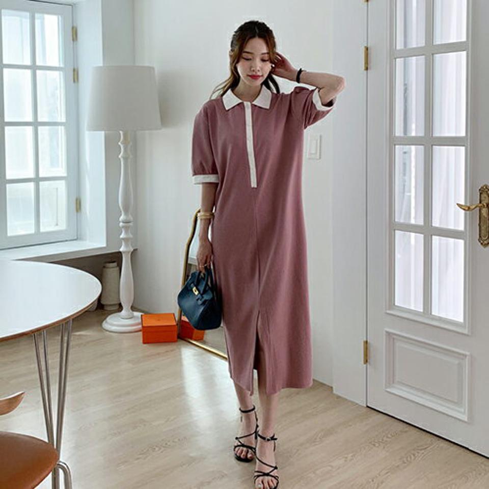 配色カラーリブワンピース・全2色・t68398 レディース 【ops】【ワンピース ロング 半袖 ハーフスリーブ 配色 リブ 大人 シック Hライン 春 夏】【ハイホリHIHOLLI】