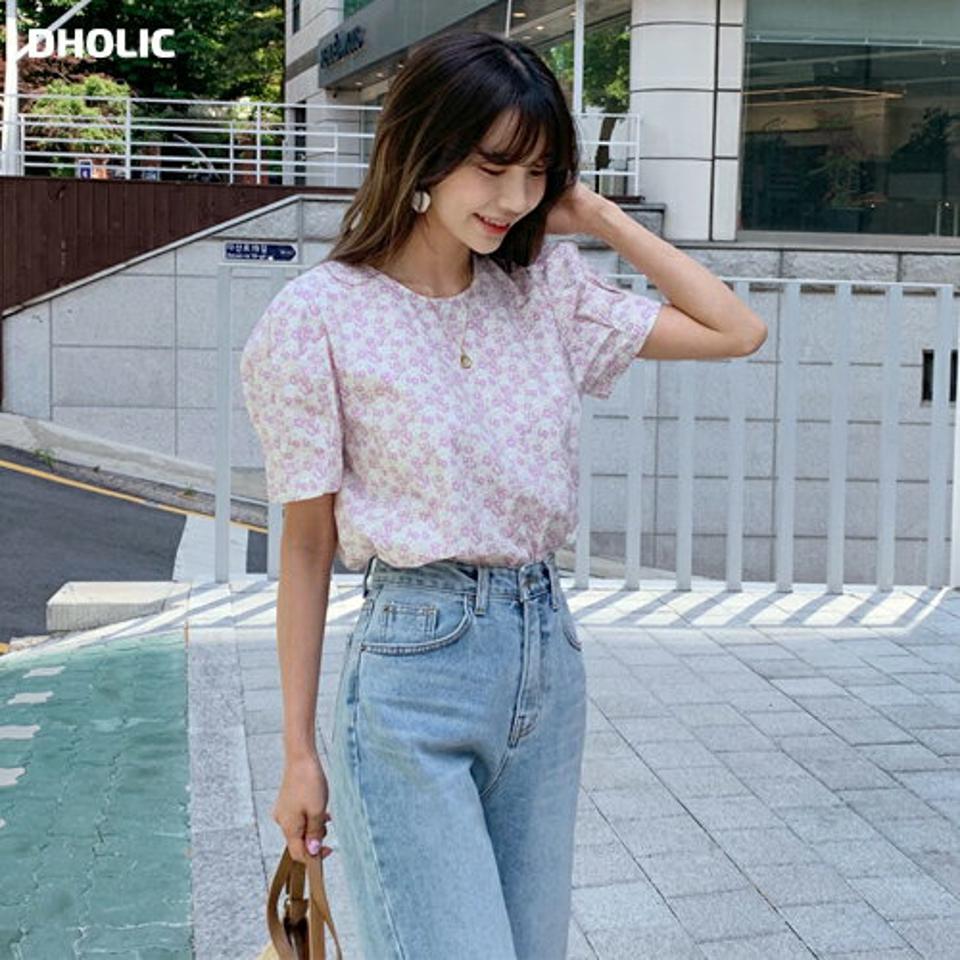 バックリボン花柄ブラウス・全3色・t63669 レディース 【bl】【韓国 ファッション トップス ブラウス 半袖 花柄 ラウンドネック リボン パフスリーブ フェミニン 体型カバー スリム 細身 夏 春】