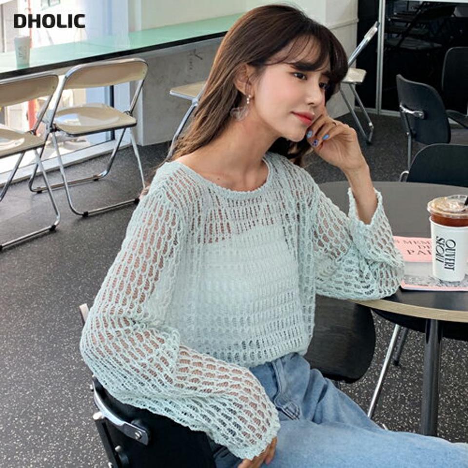 シアーネットニット・全3色・t63680 レディース 【tops】【韓国 ファッション トップス ニット 長袖 シアー ルーズ ラウンドネック レイヤード風 体型カバー 細身 ボリューム ゆったり スリム 夏 春】