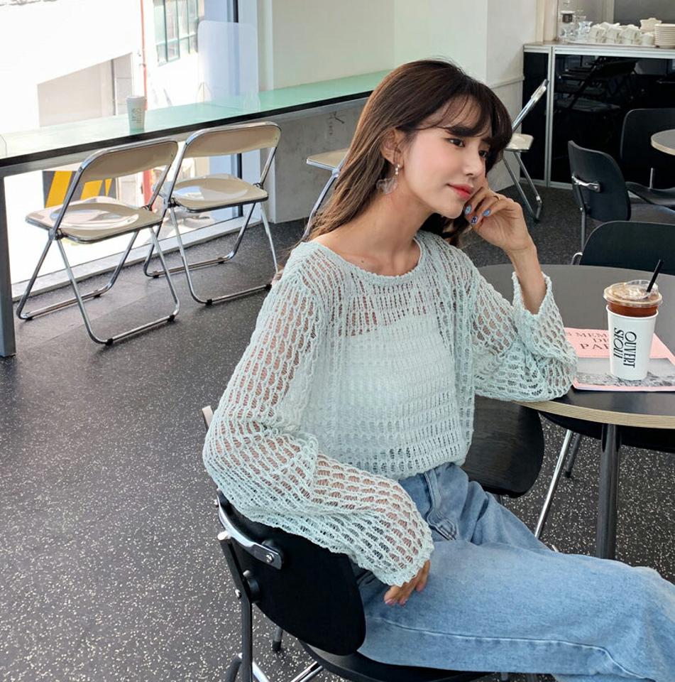 シアーネットニット・全3色・t63680 レディース 【tops】【韓国 ファッション トップス ニット 長袖 シアー ルーズ ラウンドネック レイヤード風 体型カバー 細身 ボリューム ゆったり スリム 夏 春】