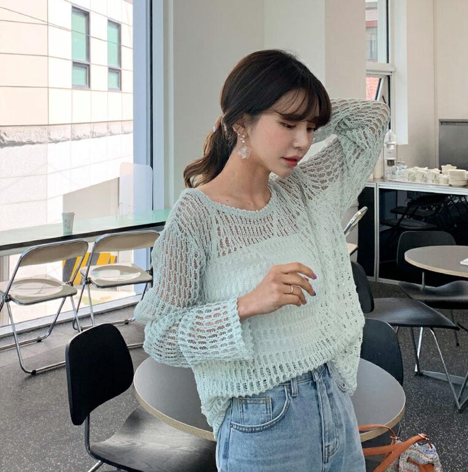 シアーネットニット・全3色・t63680 レディース 【tops】【韓国 ファッション トップス ニット 長袖 シアー ルーズ ラウンドネック レイヤード風 体型カバー 細身 ボリューム ゆったり スリム 夏 春】