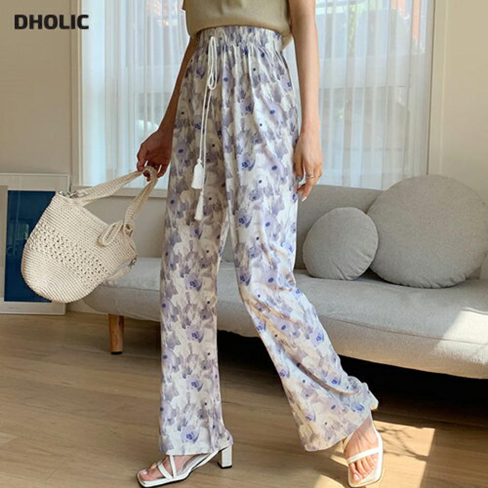 花柄タッセルリボンパンツ・全2色・b63702 レディース 【pt】 韓国 ファッション ボトムス ロング ロングパンツ 美脚 ワイドパンツ ワイド タッセル リボン 花柄 フラワー パターン 大人 スリム 10分丈 体型カーバー 細身 夏 春