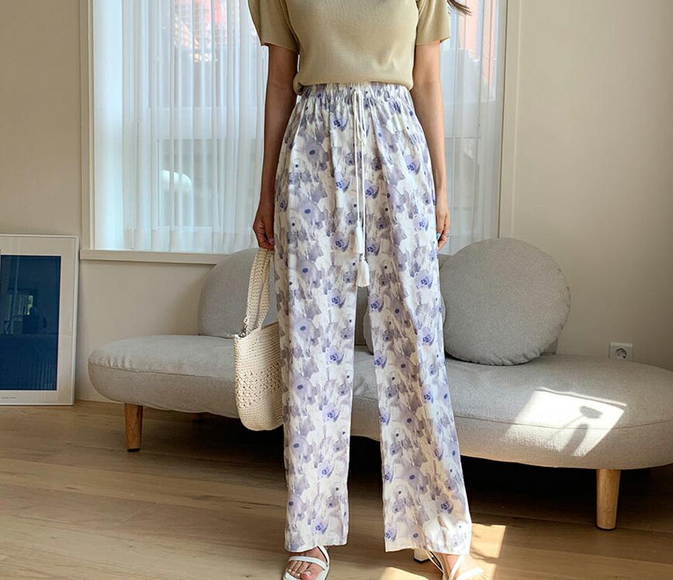 花柄タッセルリボンパンツ・全2色・b63702 レディース 【pt】 韓国 ファッション ボトムス ロング ロングパンツ 美脚 ワイドパンツ ワイド タッセル リボン 花柄 フラワー パターン 大人 スリム 10分丈 体型カーバー 細身 夏 春