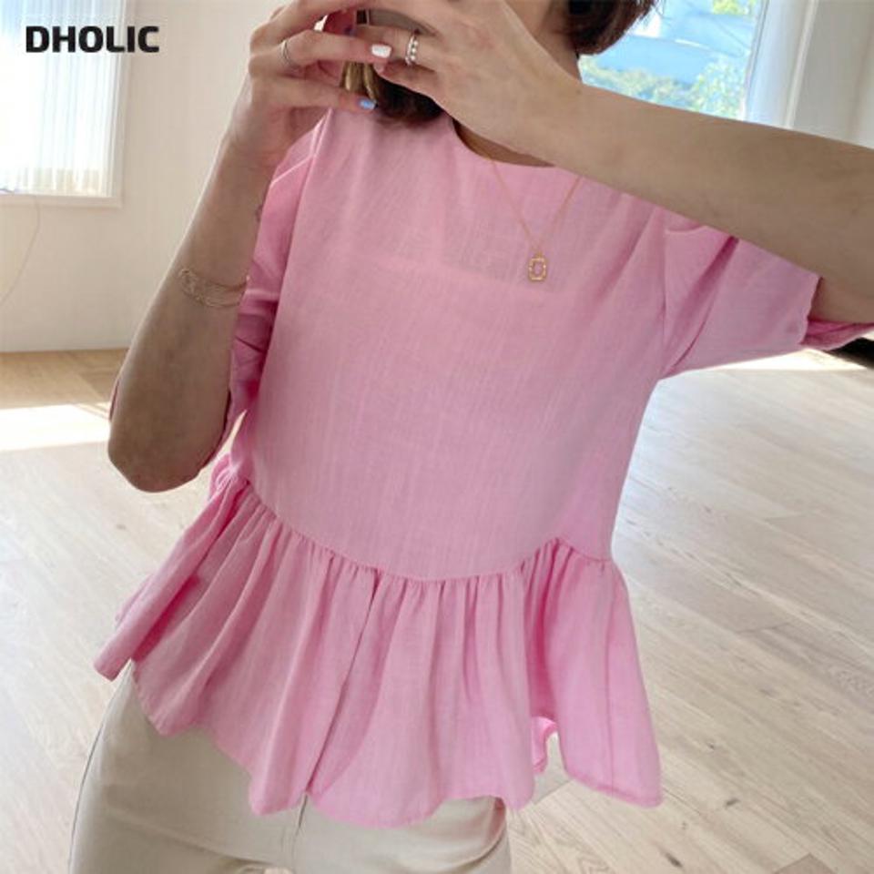 フレアへムパフブラウス・全3色・t63686 レディース 【bl】 韓国 ファッション トップス ブラウス 半袖 フレア ボリューム パフスリーブ 7分丈 ラウンドネック フェミニン 体型カバー スリム 細身 夏 春