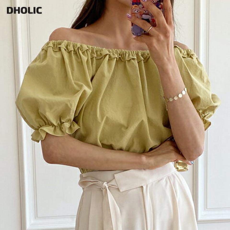 2WAYフリルパフブラウス・全5色・t63681 レディース 【bl】【韓国 ファッション トップス ブラウス 半袖 フリル 5分丈 パフスリーブ ラウンドネック オフショルダー フェミニン 体型カバー スリム 細身 無地 ボリューム 夏 春】