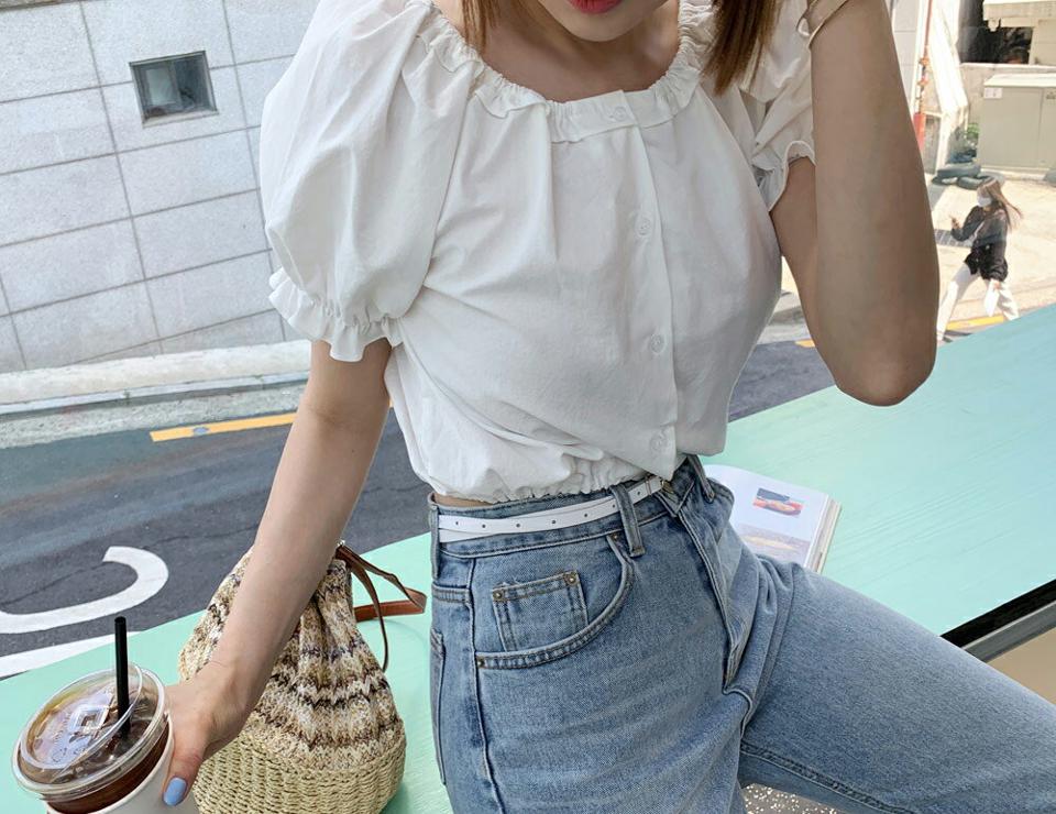 2WAYフリルパフブラウス・全5色・t63681 レディース 【bl】【韓国 ファッション トップス ブラウス 半袖 フリル 5分丈 パフスリーブ ラウンドネック オフショルダー フェミニン 体型カバー スリム 細身 無地 ボリューム 夏 春】