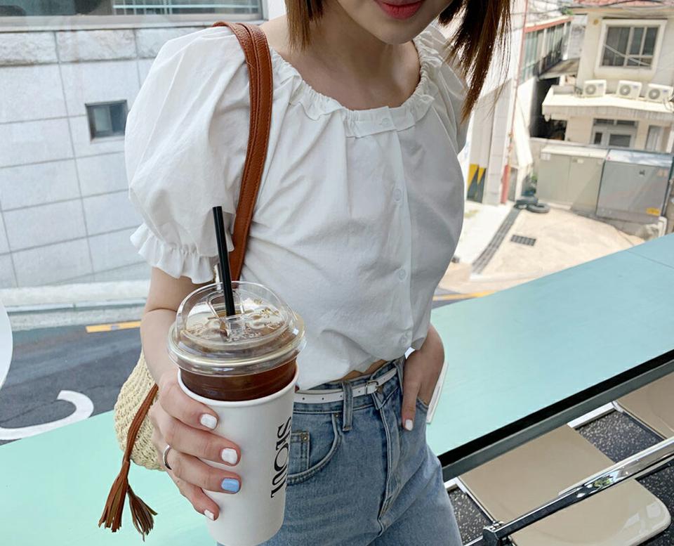 2WAYフリルパフブラウス・全5色・t63681 レディース 【bl】【韓国 ファッション トップス ブラウス 半袖 フリル 5分丈 パフスリーブ ラウンドネック オフショルダー フェミニン 体型カバー スリム 細身 無地 ボリューム 夏 春】