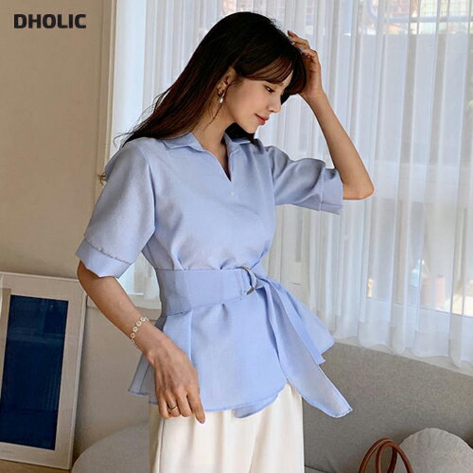 ベルト付Vネックカラーブラウス・全4色・t63683 レディース 【bl】【韓国 ファッション トップス ブラウス 半袖 ベルト セット オープンカラー ハーフ フレア フェミニン 体型カバー スリム 細身 夏 春】