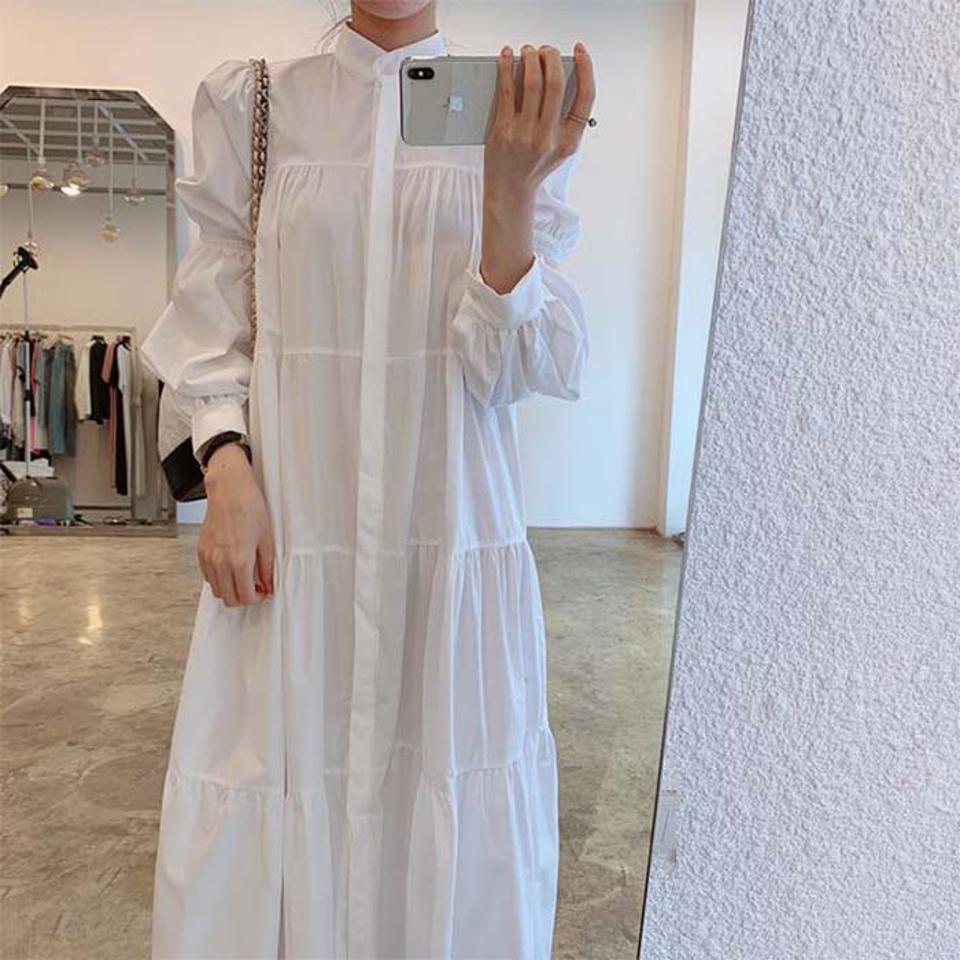 シャツワンピース レディース 春 秋 長袖 ロング レディース レイヤード ロングシャツ 丸襟 エレガン カジュアル 春 秋 ボタン付き ゆったり 体型カバー シャツワンピース ロング 白シャツ 長袖 着痩せ 通勤