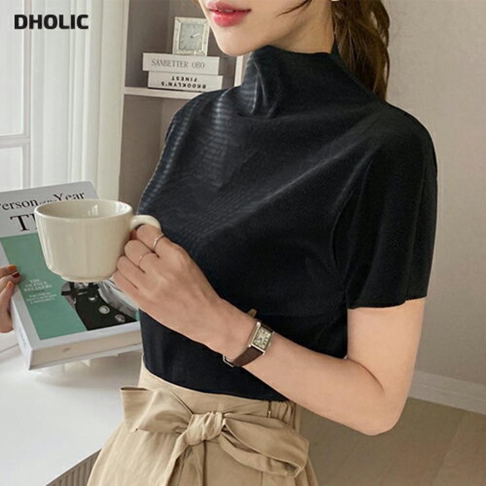 プリーツハイネックブラウス・全3色・t68479 レディース 【bl】 トップス ブラウス 半袖 ハイネック プリーツ 単色 無地 シンプル フェミニン 大人 春 夏 韓国 ファッション ハイホリHIHOLLI