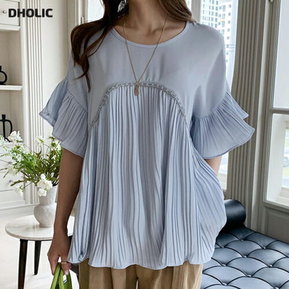 プリーツチェーンラインブラウス・全3色・t68507 レディース 【bl】【トップス ブラウス プリーツ 半袖 フェミニン チェーン 可愛い かわいい 体型カバー 春 夏 韓国 ファッション】【ハイホリHIHOLLI】