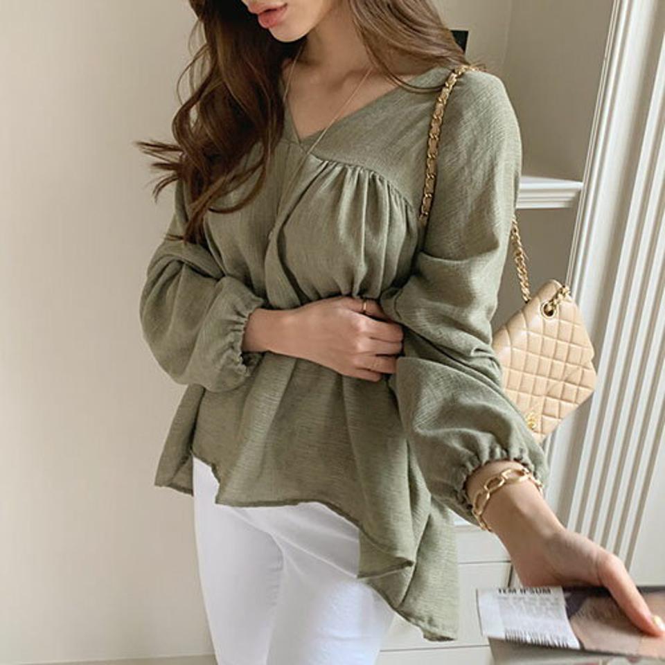 【全品10%OFF】ティアードVネックブラウス・全4色・t68506 レディース 【bl】【トップス ブラウス ティアード Vネック 長袖 単色 無地 シンプル ギャザー 春 秋 韓国 ファッション】【ハイホリHIHOLLI】