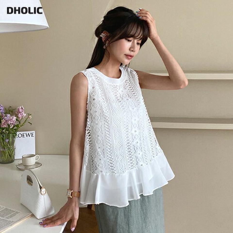 パンチングフレアスリーブレス・全2色・b62121 レディース 【bl】 韓国 ファッション トップス ブラウス スリーブレス ノースリーブ ユニーク ベーシック パンチング フレア 配色 メリハリ スリム 細身 体型カバー フェミニン ガーリー 夏 春