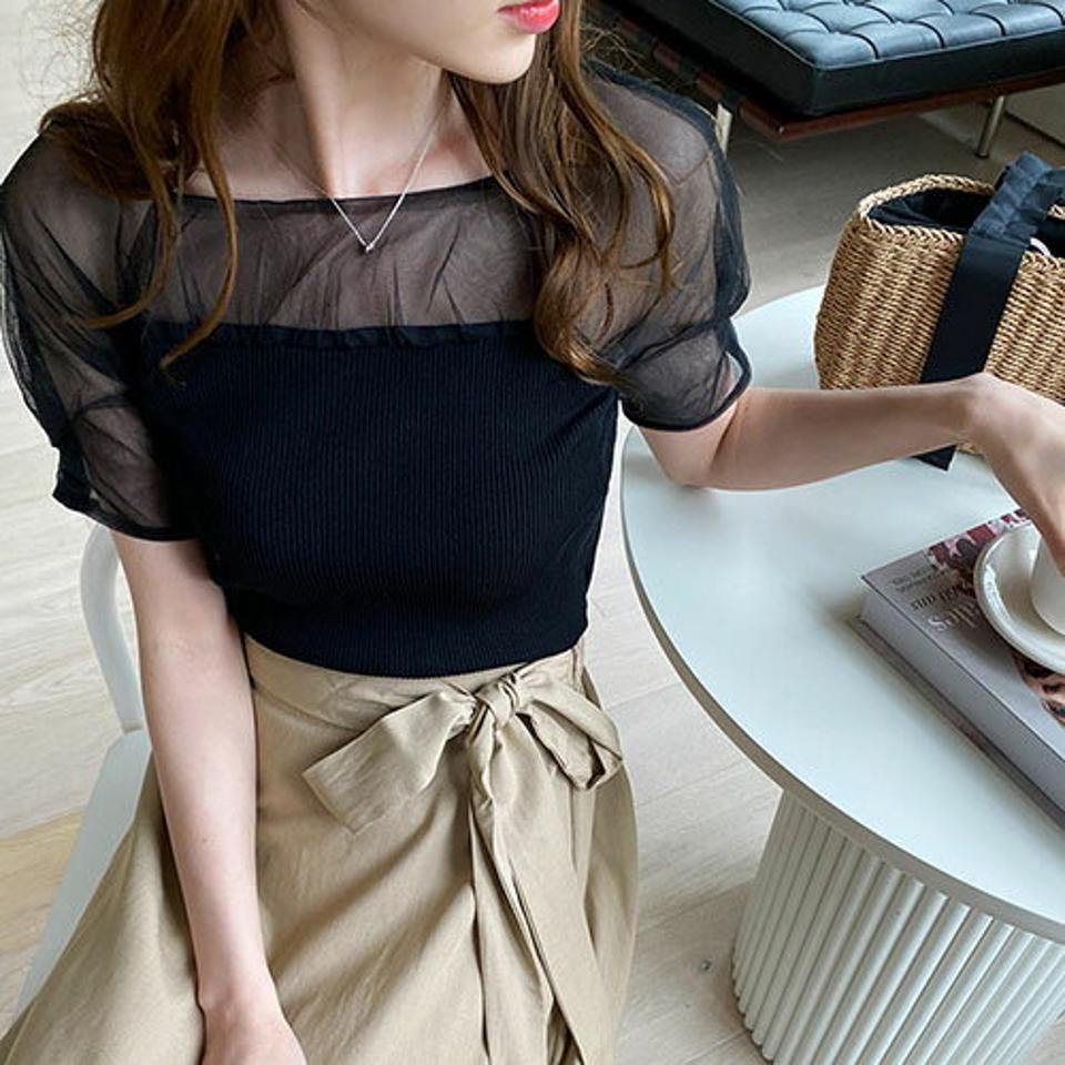 【全品10%OFF】シアーショルダースクエアニット・全3色・t68488 レディース 【tops】【トップス ニット ニットトップス 半袖 ハーフスリーブ 透け感 シアー シースルー フェミニン シンプル スクエア 春 夏 韓国 ファッション】【ハイホリHIHOLLI】