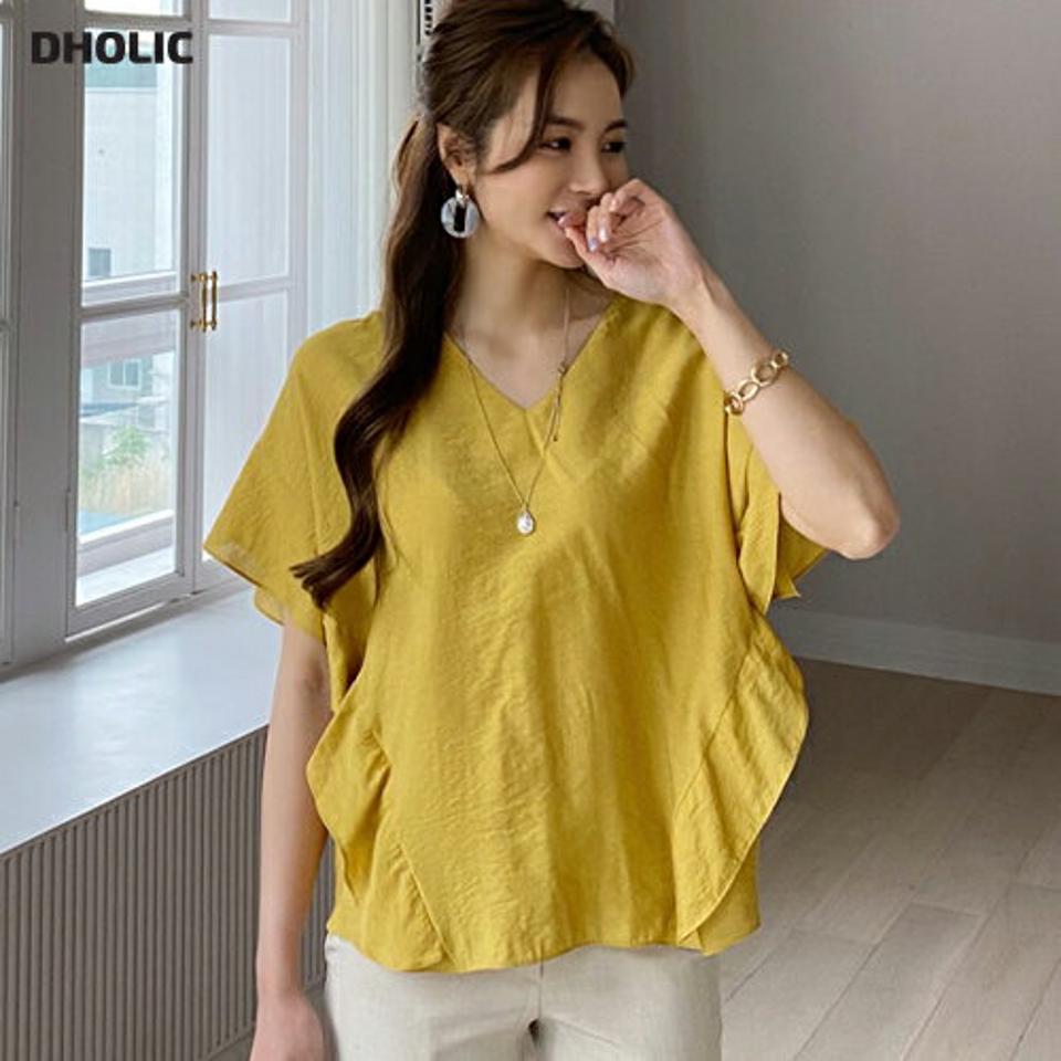 Vネックフリルブラウス・全3色・b68508 レディース 【bl】 トップス ブラウス フリル Vネック 単色 無地 シンプル カジュアル かわいい 大人 半袖 ハーフスリーブ 春 夏 韓国 ファッション ハイホリHIHOLLI