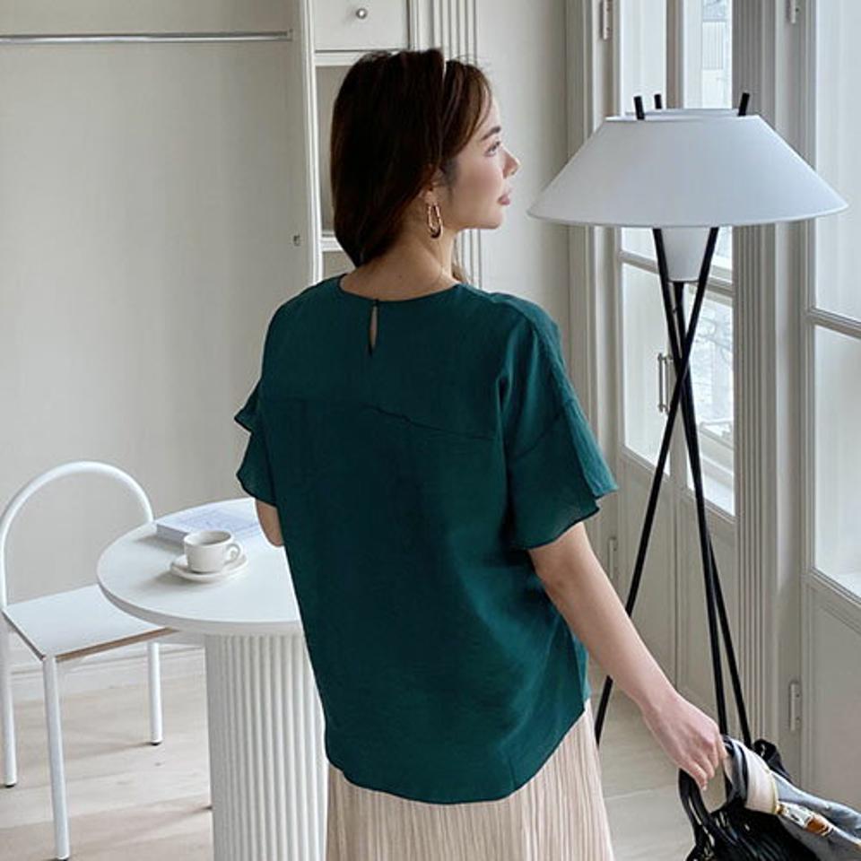 Vネックフリルブラウス・全3色・b68508 レディース 【bl】 トップス ブラウス フリル Vネック 単色 無地 シンプル カジュアル かわいい 大人 半袖 ハーフスリーブ 春 夏 韓国 ファッション ハイホリHIHOLLI