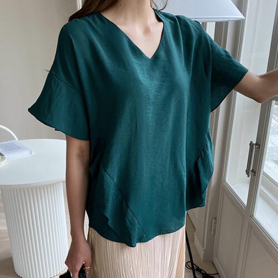 Vネックフリルブラウス・全3色・b68508 レディース 【bl】 トップス ブラウス フリル Vネック 単色 無地 シンプル カジュアル かわいい 大人 半袖 ハーフスリーブ 春 夏 韓国 ファッション ハイホリHIHOLLI