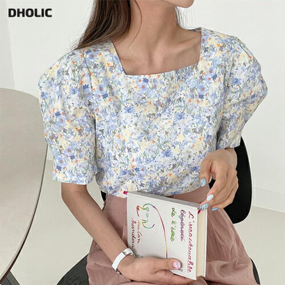 花柄スクエアパフブラウス・全3色・t62091 レディース 【bl】 韓国 ファッション トップス ブラウス 半袖 花柄 フラワー パターン コットン スクエアネック フェミニン ボリューム 体型カバー スリム 細身 夏 春