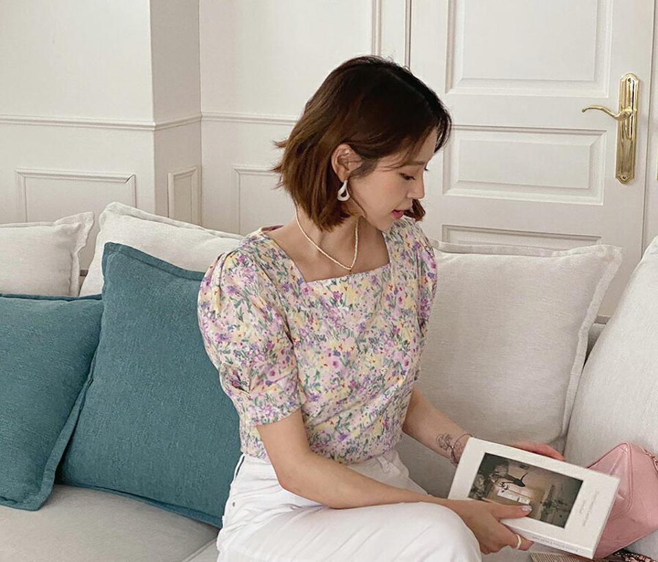 花柄スクエアパフブラウス・全3色・t62091 レディース 【bl】 韓国 ファッション トップス ブラウス 半袖 花柄 フラワー パターン コットン スクエアネック フェミニン ボリューム 体型カバー スリム 細身 夏 春