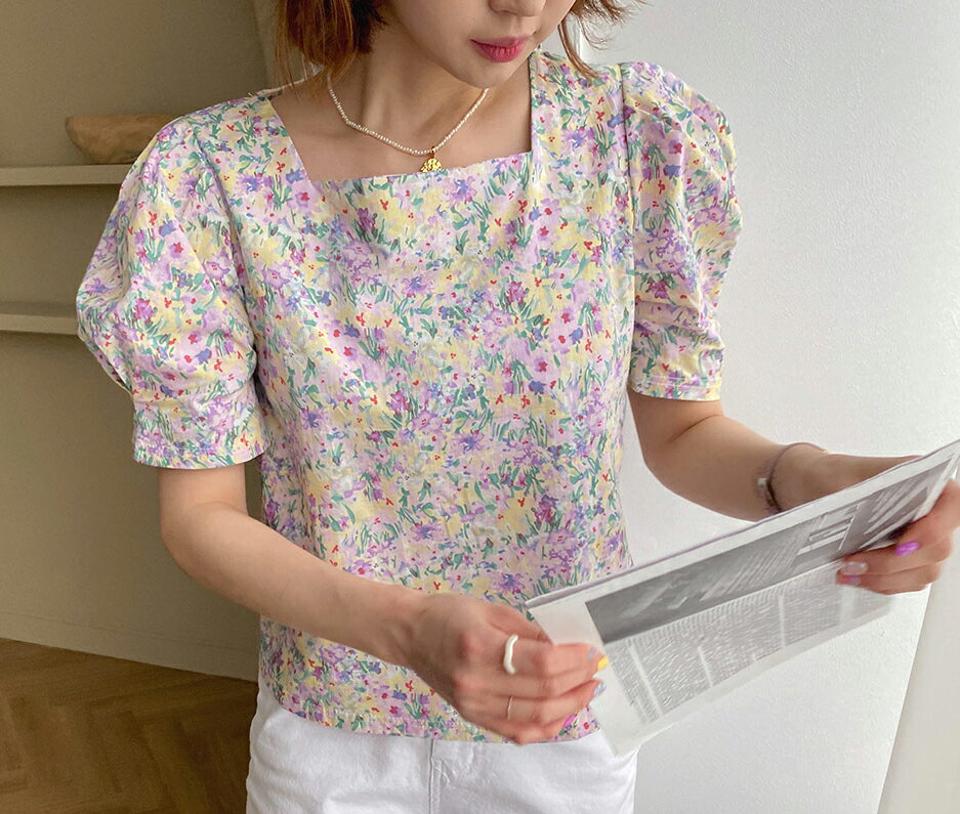花柄スクエアパフブラウス・全3色・t62091 レディース 【bl】 韓国 ファッション トップス ブラウス 半袖 花柄 フラワー パターン コットン スクエアネック フェミニン ボリューム 体型カバー スリム 細身 夏 春