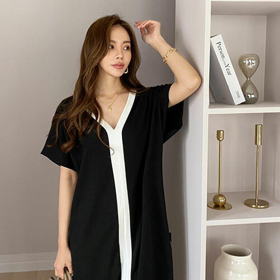 【只今10%OFF】2WAY配色ルーズワンピース・全3色・b68493 レディース 【ops】 ワンピース ロング ロングワンピース 半袖 配色 ルーズ 前後着用自由 Vネック Uネック 韓国 ファッション ハイホリHIHOLLI