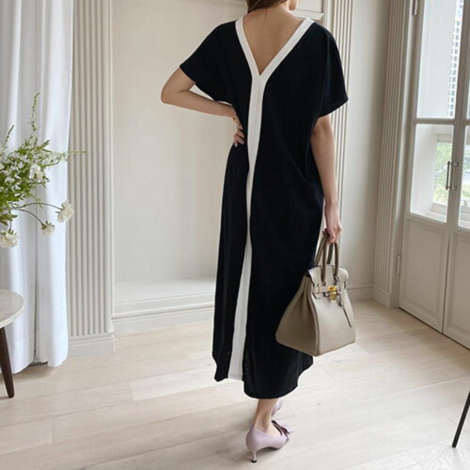 【只今10%OFF】2WAY配色ルーズワンピース・全3色・b68493 レディース 【ops】 ワンピース ロング ロングワンピース 半袖 配色 ルーズ 前後着用自由 Vネック Uネック 韓国 ファッション ハイホリHIHOLLI