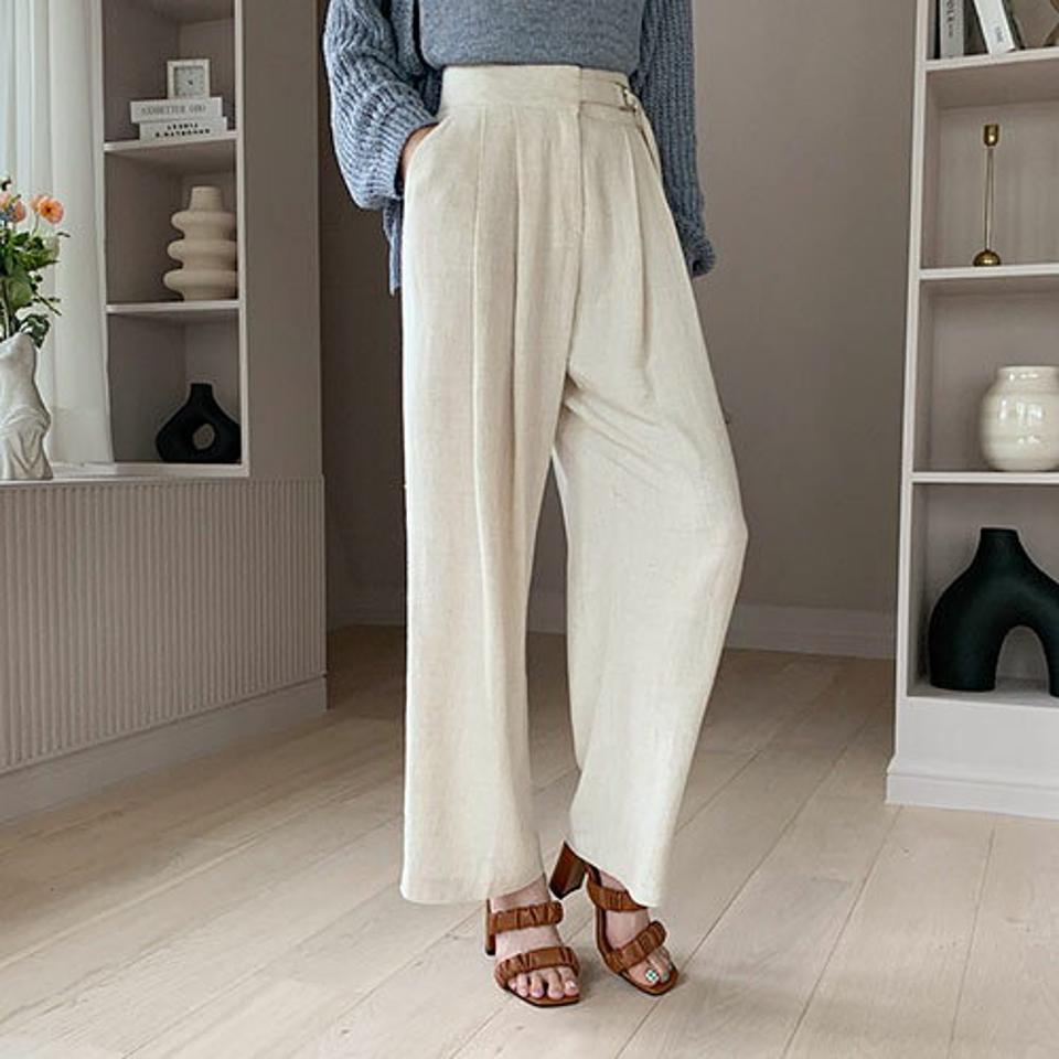 リネン混ベルトタックワイドパンツ・全3色・t68463 レディース 【pt】 パンツ ズボン ロングパンツ ワイド タック リネン 単色 無地 シンプル カジュアル ラフ 春 夏 韓国 ファッション ハイホリHIHOLLI