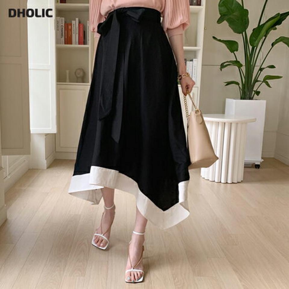 配色へムリボンスカート・全2色・b68633 レディース 【sk】【スカート ロングスカート リボン りぼん 配色 モダン 大人 アンバランス 配色 Aライン 春 夏 秋 韓国 ファッション】【ハイホリHIHOLLI】