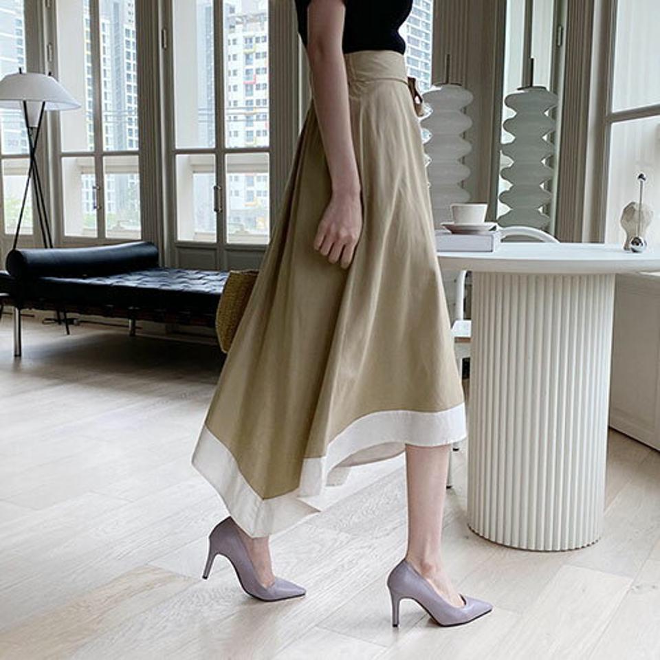 配色へムリボンスカート・全2色・b68633 レディース 【sk】【スカート ロングスカート リボン りぼん 配色 モダン 大人 アンバランス 配色 Aライン 春 夏 秋 韓国 ファッション】【ハイホリHIHOLLI】