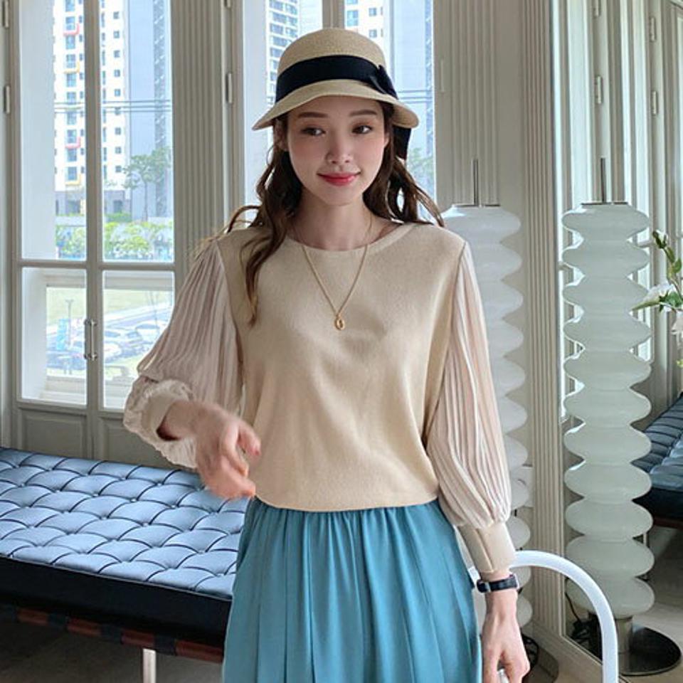 プリーツスリーブラウンドニット・全5色・b68510 レディース 【tops】 トップス ニット ニットトップス プリーツ シンプル フェミニン 七分丈 七分袖 7分丈 7分袖 大人 春 秋 韓国 ファッション ハイホリHIHOLLI