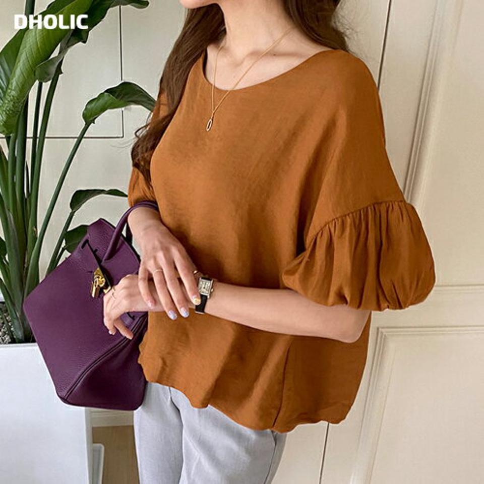 ラウンドバルーンブラウス・全3色・b68505 レディース 【bl】 トップス ブラウス バルーンスリーブ ボリューム袖 単色 無地 ギャザー シンプル カジュアル かわいい 春 夏 韓国 ファッション ハイホリHIHOLLI