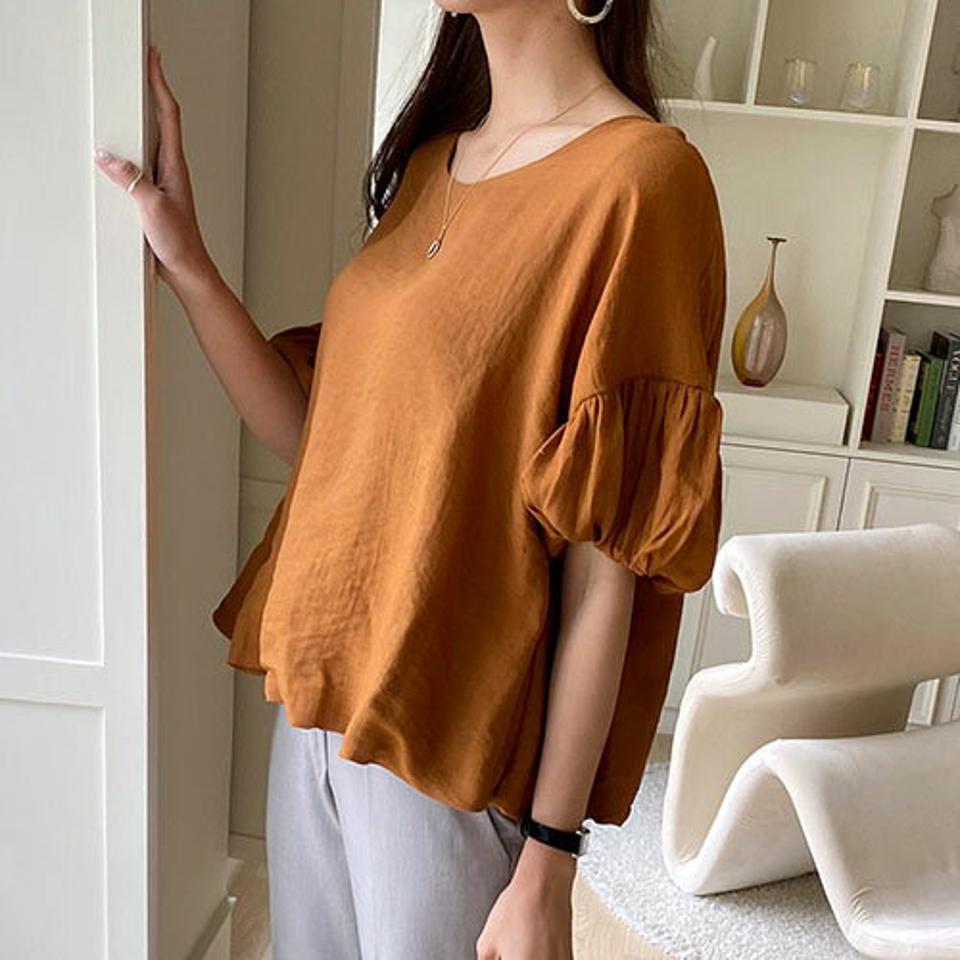 ラウンドバルーンブラウス・全3色・b68505 レディース 【bl】 トップス ブラウス バルーンスリーブ ボリューム袖 単色 無地 ギャザー シンプル カジュアル かわいい 春 夏 韓国 ファッション ハイホリHIHOLLI