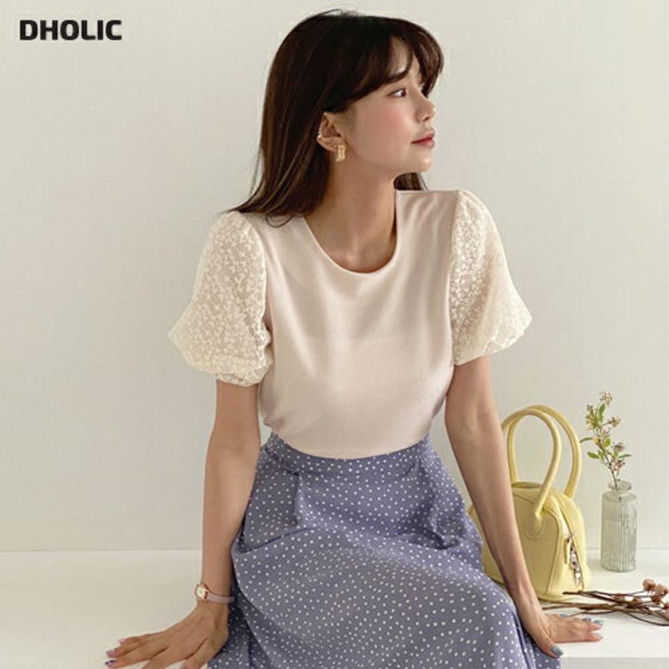 【全品10%OFF】レースパフブラウス・全3色・t62089 レディース 【bl】【韓国 ファッション トップス ブラウス 半袖 花柄 フラワー パターン レース ショート パフスリーブ ラウンドネック フェミニン ボリューム 体型カバー スリム 細身 ベーシック 夏 春】