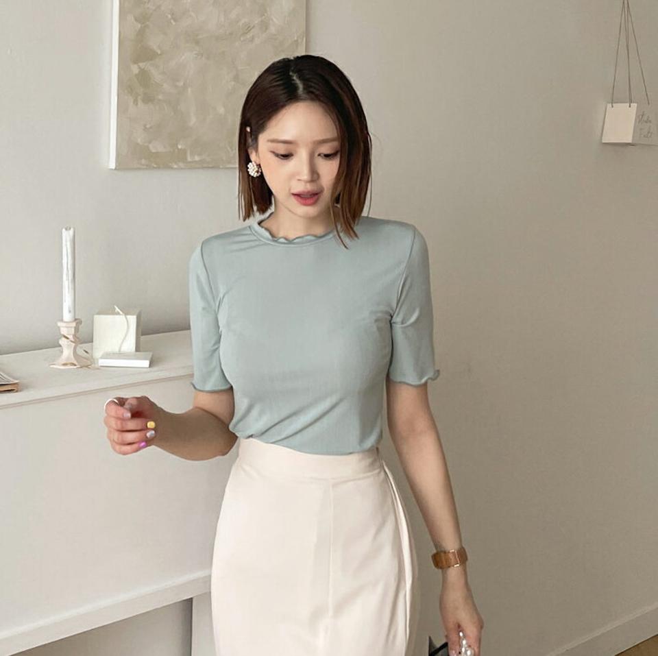 ウェーブリブ半袖Tシャツ・全5色・b62126 レディース 【tops】 韓国 ファッション トップス Tシャツ 半袖 デイリー リブ ウェーブ ラウンドネック ショートスリーブ ベーシック 体型カーバー 細身 スリム フィット 夏 春