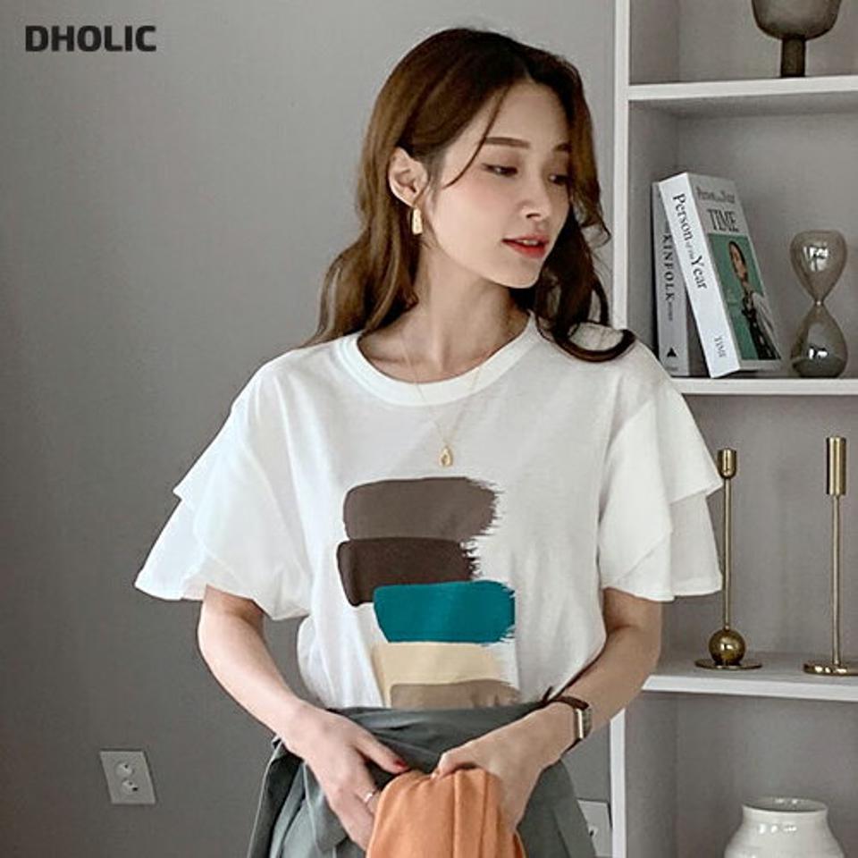 フリルスリーブプリントTシャツ・全4色・t68484 レディース 【tops】 トップス Tシャツ 半袖 フリル プリント カジュアル 大人 春 夏 韓国 ファッション ハイホリHIHOLLI