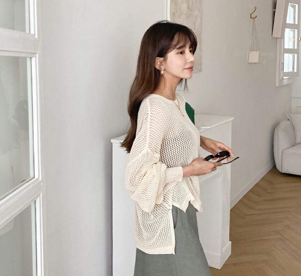 シアールーズネットニット・全3色・t62119 レディース 【tops】 韓国 ファッション トップス ニット 半袖 ルーズ ラフ ラウンドネック シンプル アンバランス レイヤード 体型カバー 細身 スリム ゆったり クロシェ 夏 春
