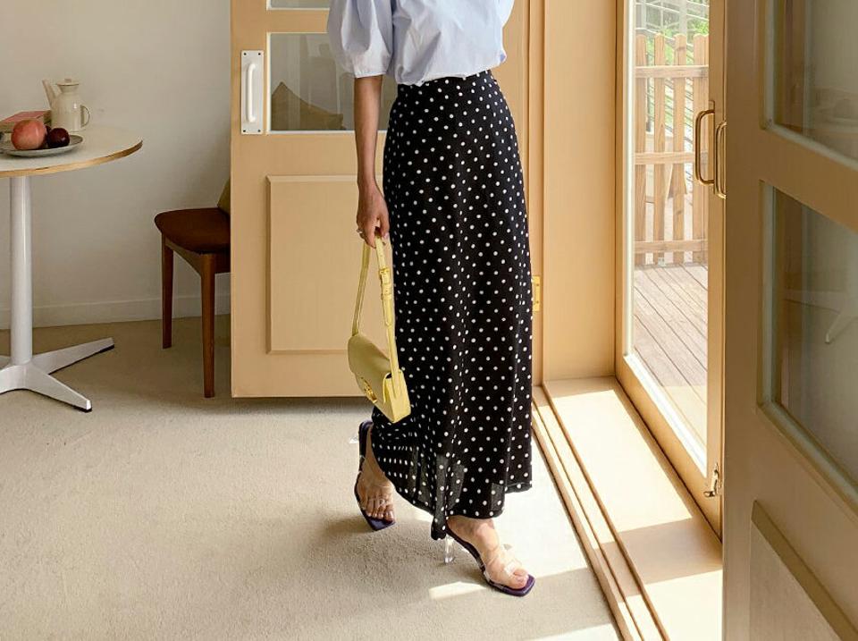 ドットマーメイドスカート・全2色・t57416 レディース 【sk】 韓国ファッション ボトムス スカート ロング ロングスカート シンプル ガーリー 小粒 ドット パターン マーメイド 大人 カジュアル フェミニン 体型カバー 細身 ベーシック 夏 春