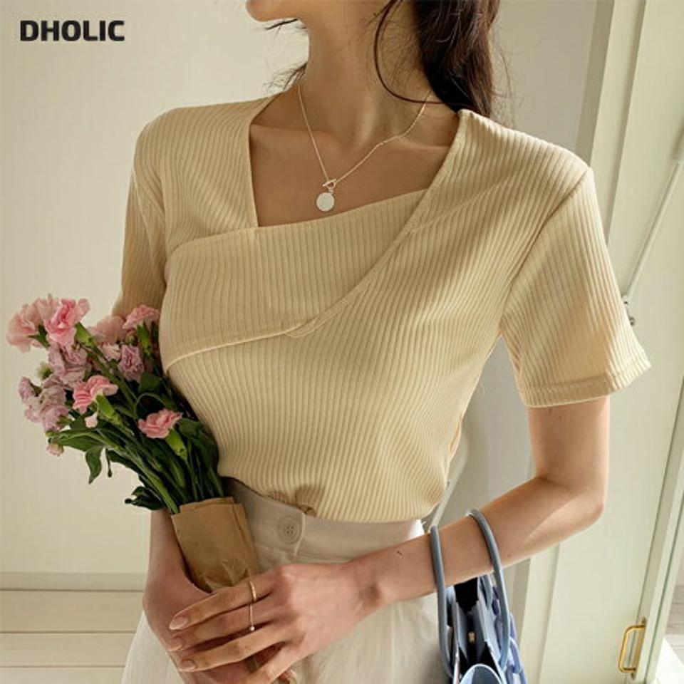 クロスネックリブTシャツ・全3色・t57431 レディース 【tops】 韓国 ファッション トップス Tシャツ 半袖 クロス リブ シンプル ユニーク ショートスリーブ ベーシック 体型カーバー 細身 スリム フィット タイト 夏 春