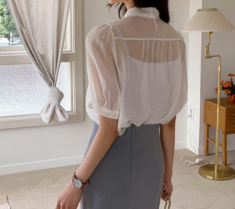 シースルーリボンブラウス・全5色・t57432 レディース 【bl】【韓国 ファッション トップス ブラウス 半袖 シースルー ネックリボン ショート パフスリーブ リボン フェミニン ボリューム 体型カバー スリム 細身 フィット 夏 春】