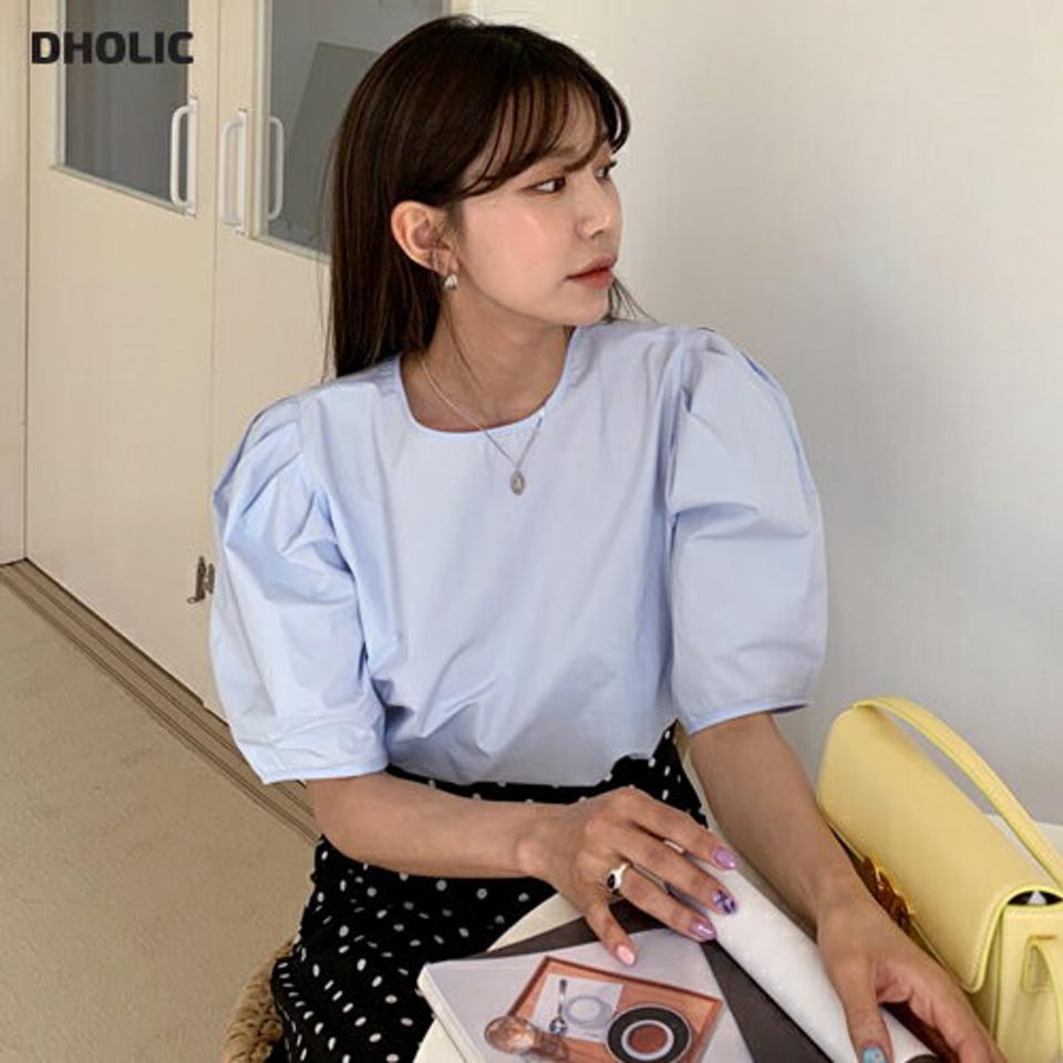 【全品10%OFF】パフスリーブブラウス・全4色・t57405 レディース 【bl】【韓国 ファッション トップス ブラウス 半袖 パフスリーブ ラウンドネック 5分丈袖 フェミニン ボリューム 体型カバー スリム 細身 フィット ベーシック 無地 夏 春】