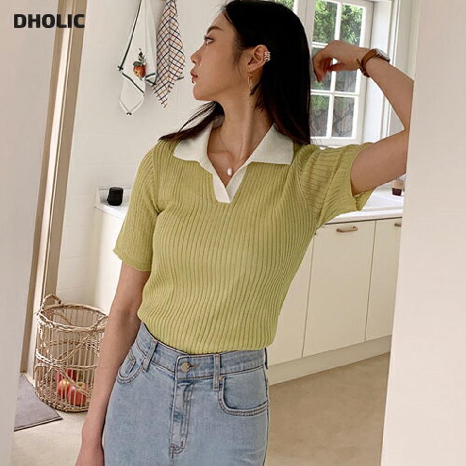 【全品10%OFF】配色リブカラーニット・全6色・t57403 レディース 【tops】【韓国 ファッション トップス ニット 半袖 配色 リブ スリット ショート丈 オープンカラー ショートスリーブ 体型カバー 細身 スリム フィット 夏 春】
