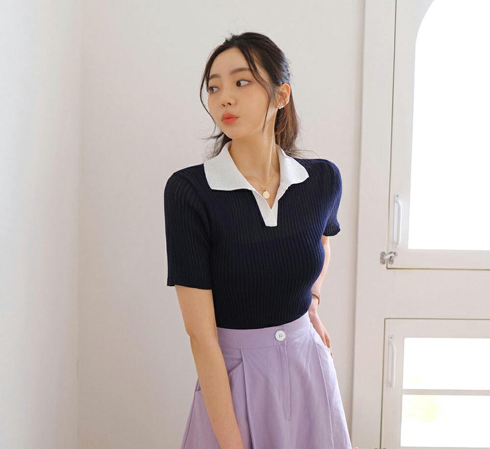 【全品10%OFF】配色リブカラーニット・全6色・t57403 レディース 【tops】【韓国 ファッション トップス ニット 半袖 配色 リブ スリット ショート丈 オープンカラー ショートスリーブ 体型カバー 細身 スリム フィット 夏 春】
