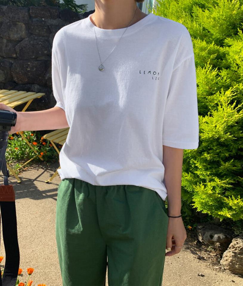 mayblue(メイブルー)レモンプリントコットンTシャツ【5/18up_ka】トップス tシャツ 半袖 レモン柄 バックプリント ロゴt オーバーサイズ 【5】