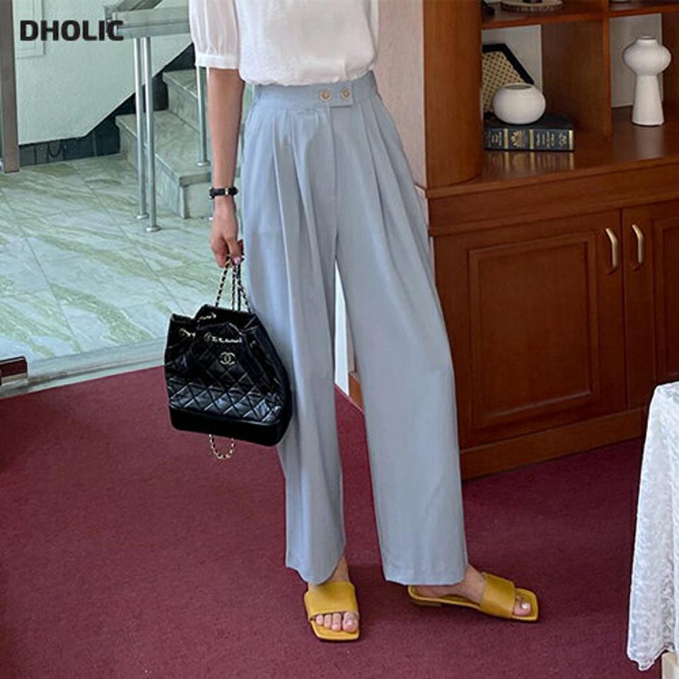 【只今10%OFF】ツーボタンワイドパンツ・全4色・t65395 レディース 【pt】【韓国 ファッション ボトムス ロング ロングパンツ 美脚 ツーボタン ルーズ ゆったり ハイウエスト 足長 ワイド ストレート 大人 スリム 10分丈 体型カーバー 細身 夏 春】