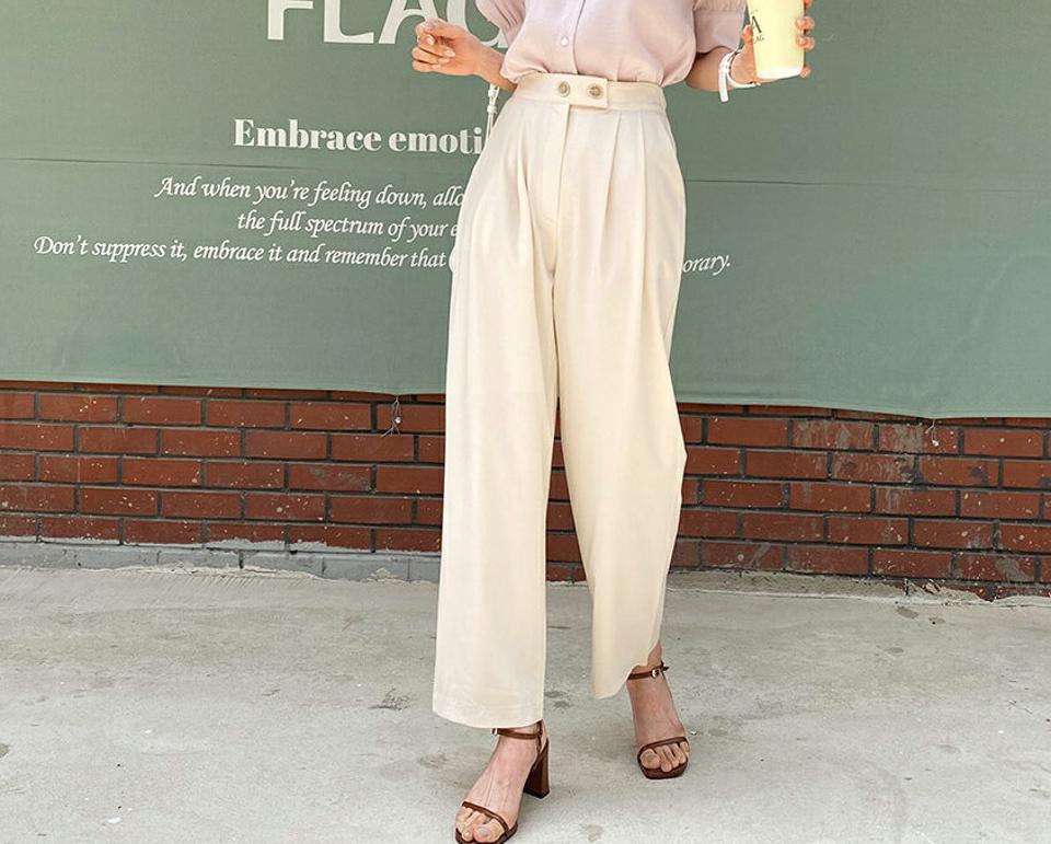 【只今10%OFF】ツーボタンワイドパンツ・全4色・t65395 レディース 【pt】【韓国 ファッション ボトムス ロング ロングパンツ 美脚 ツーボタン ルーズ ゆったり ハイウエスト 足長 ワイド ストレート 大人 スリム 10分丈 体型カーバー 細身 夏 春】
